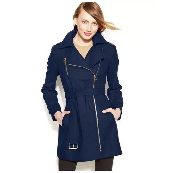 Michael Kors Navy Blue Wool Blend Belted Asymmetrical Zip Coat Size 2 P - Picture 1 of 10